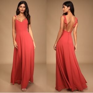 LULUS Meteoric Rise Rusty Rose Chiffon Button-up Open Back Maxi Dress Size Small